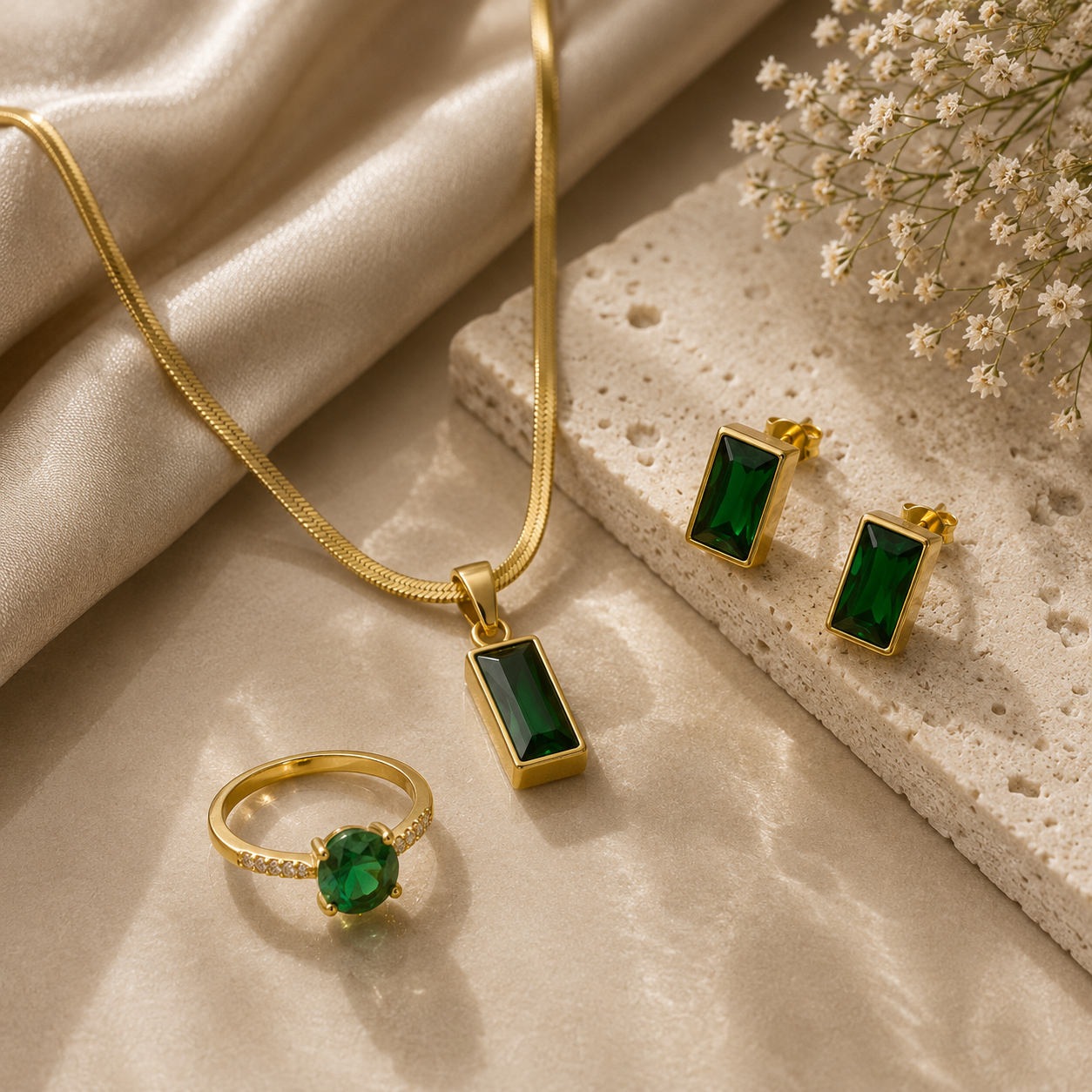 The Emerald Edit Necklace, Ring, & Studs Set