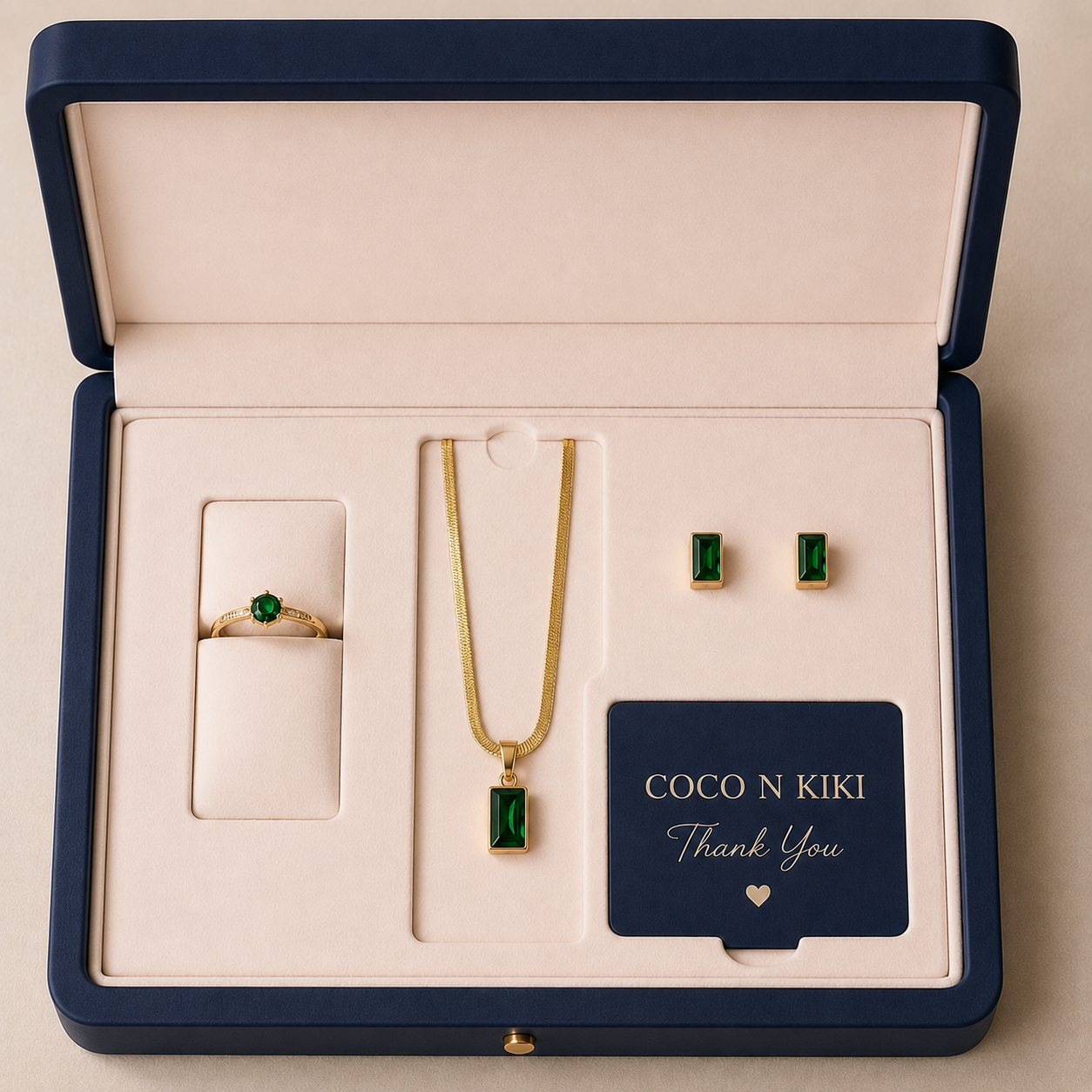 The Emerald Edit Necklace, Ring, & Studs Set