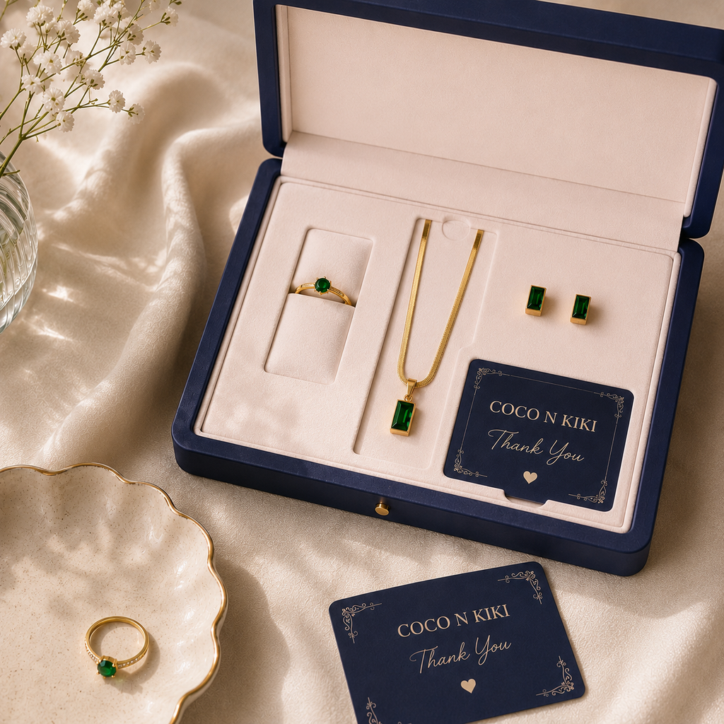 The Emerald Edit Necklace, Ring, & Studs Set
