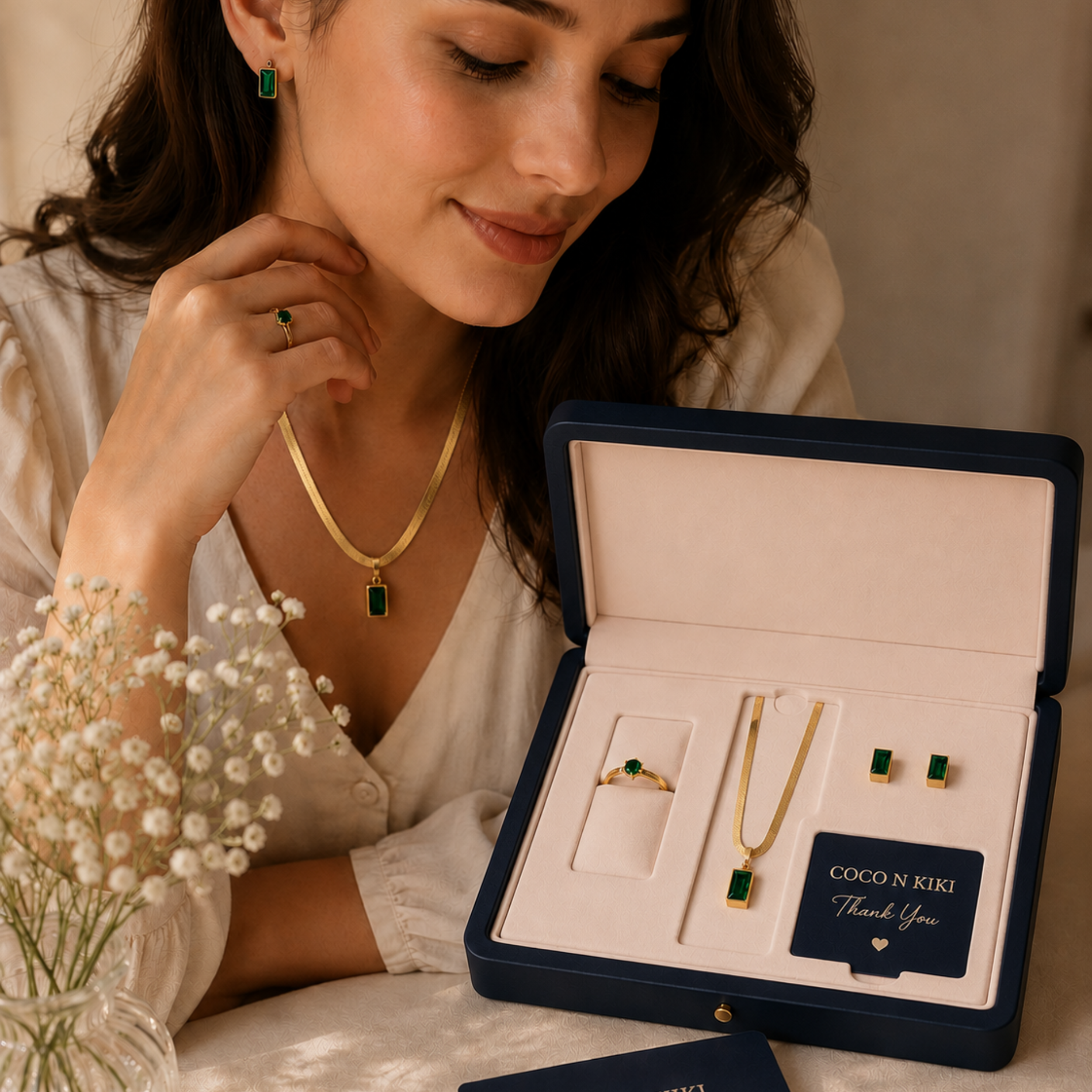 The Emerald Edit Necklace, Ring, & Studs Set
